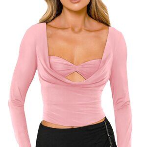 Pink Ruched Cowl Neck Long Sleeve Top Cut Out Fitted Going-Out Style